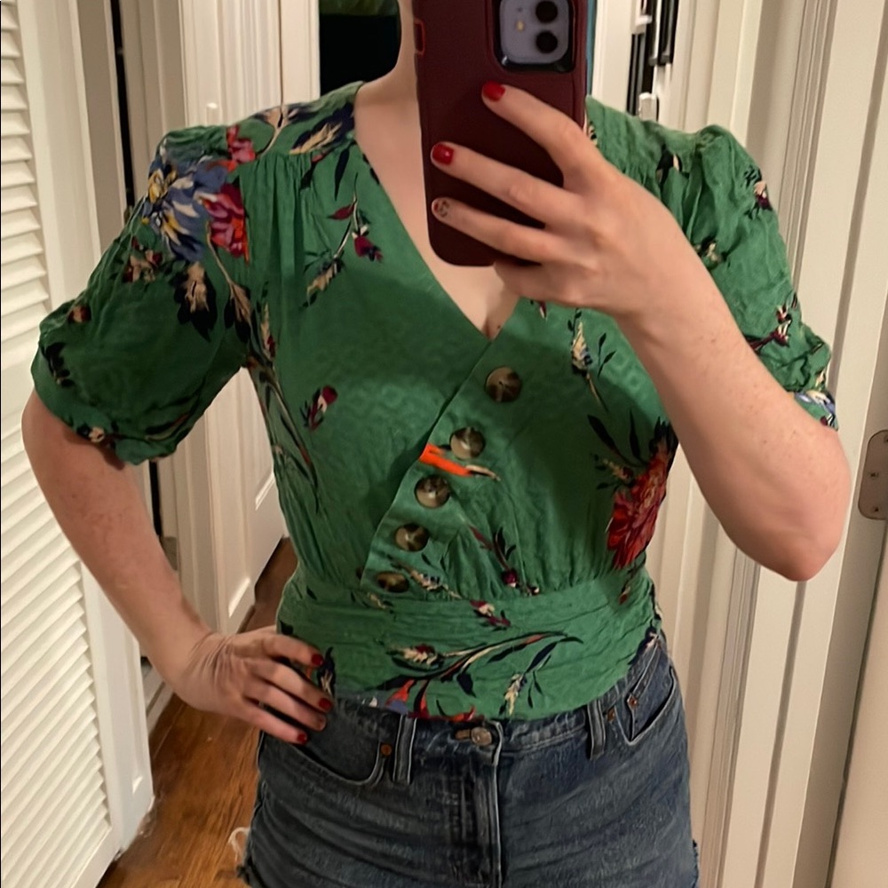 Anthropologie Green Floral Button-Down Blouse